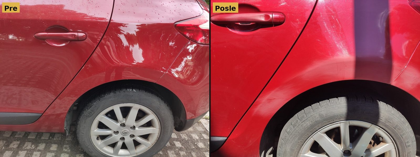 Crveni auto pre i posle poliranja